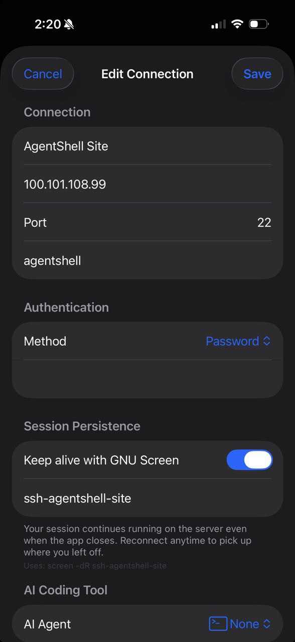 AgentShell connection form with Tailscale IP, port 22, and username