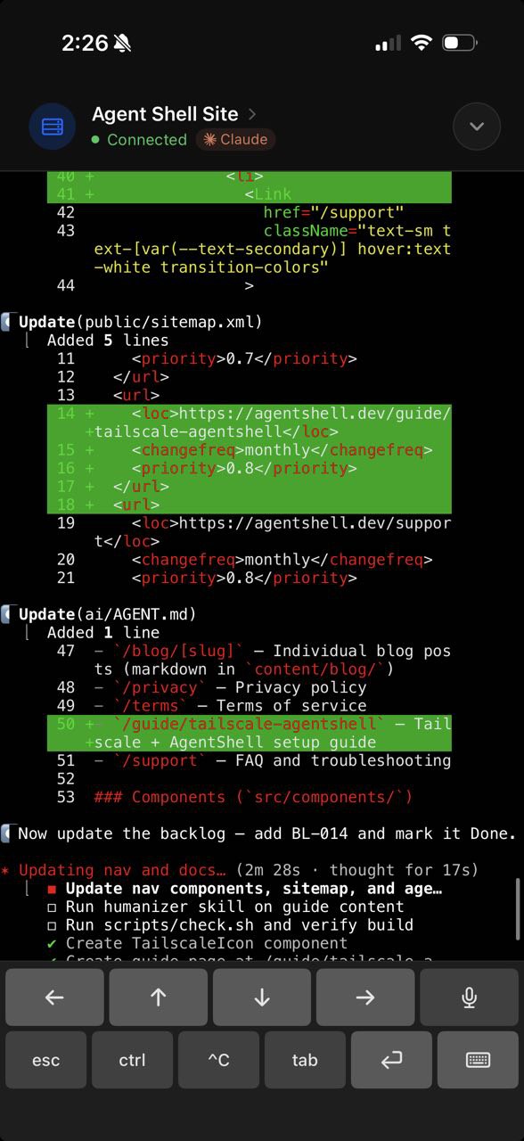 AgentShell terminal session connected via Tailscale with Claude agent detected
